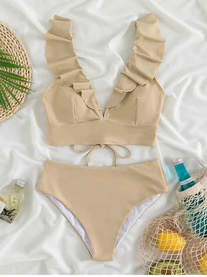 Solid Color Sexy V-neck Ruffle Bikini