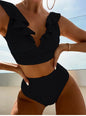 Solid Color Sexy V-neck Ruffle Bikini