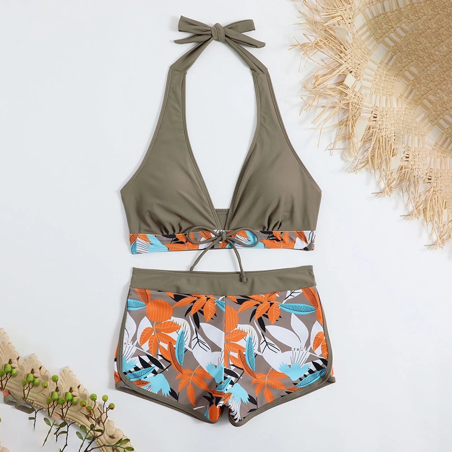 2 Pieces Plant Print Bikinis Set