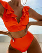 Solid Color Sexy V-neck Ruffle Bikini