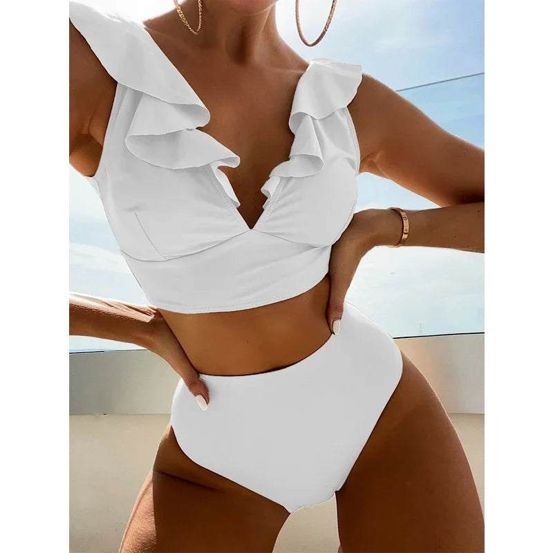 Solid Color Sexy V-neck Ruffle Bikini