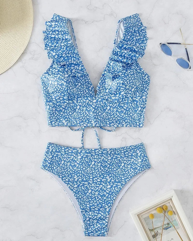 Solid Color Sexy V-neck Ruffle Bikini