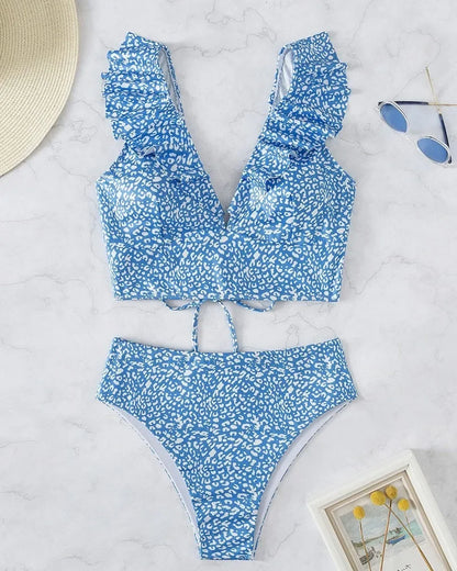 Solid Color Sexy V-neck Ruffle Bikini