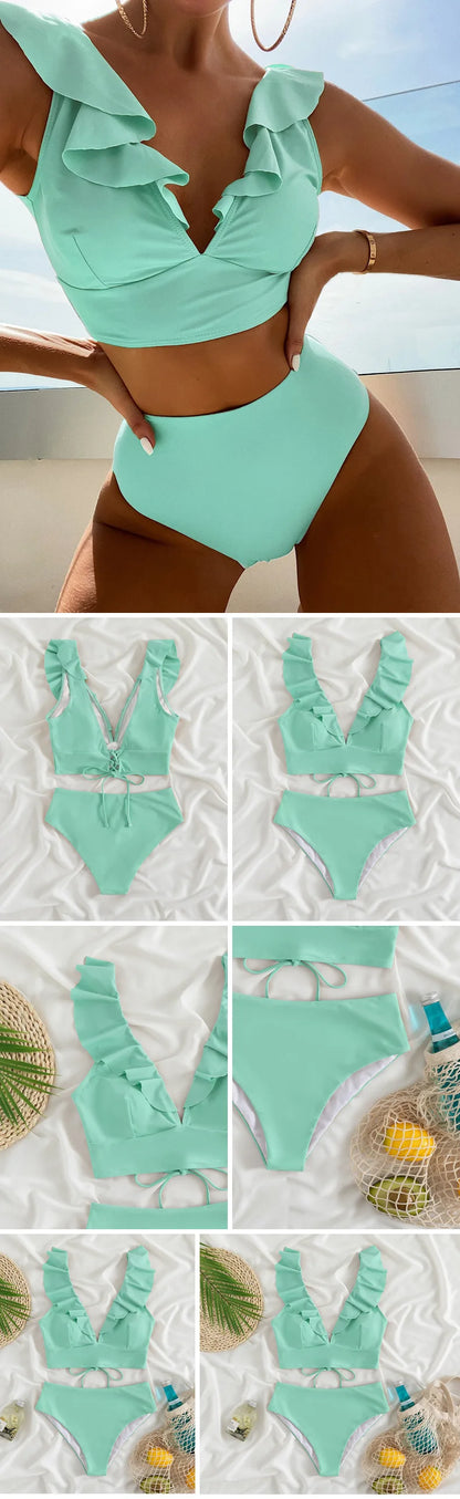 Solid Color Sexy V-neck Ruffle Bikini