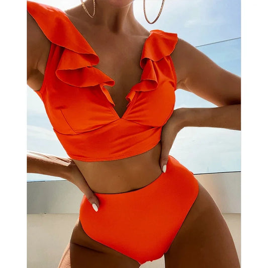 Solid Color Sexy V-neck Ruffle Bikini
