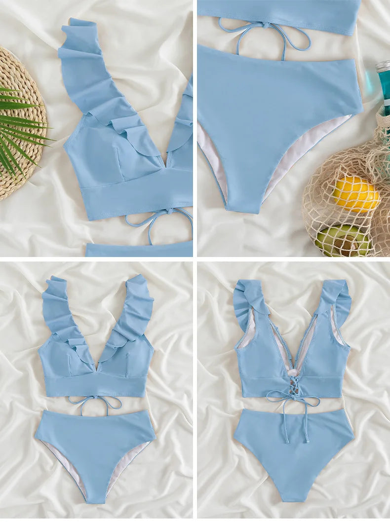 Solid Color Sexy V-neck Ruffle Bikini