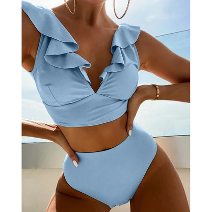 Solid Color Sexy V-neck Ruffle Bikini