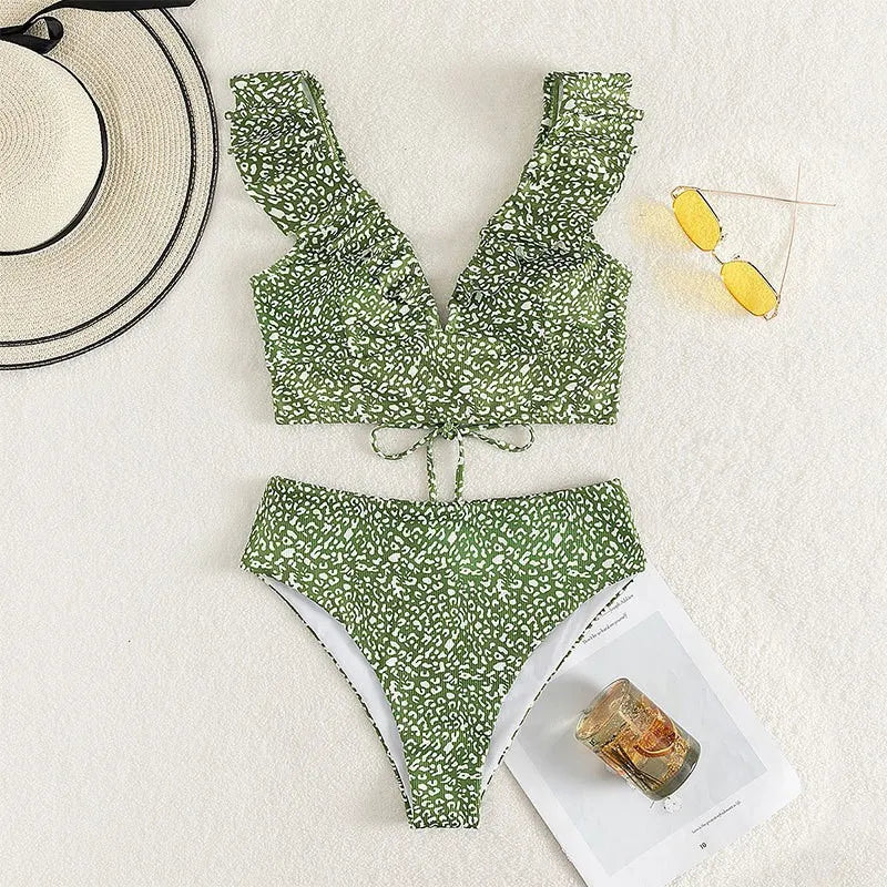 Solid Color Sexy V-neck Ruffle Bikini