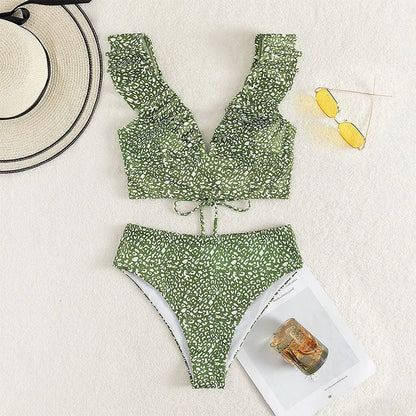 Solid Color Sexy V-neck Ruffle Bikini