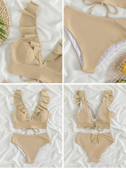 Solid Color Sexy V-neck Ruffle Bikini