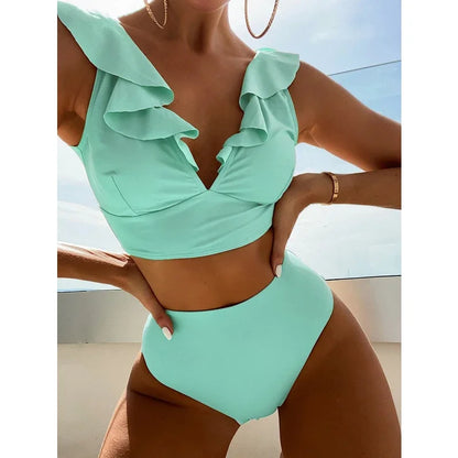 Solid Color Sexy V-neck Ruffle Bikini
