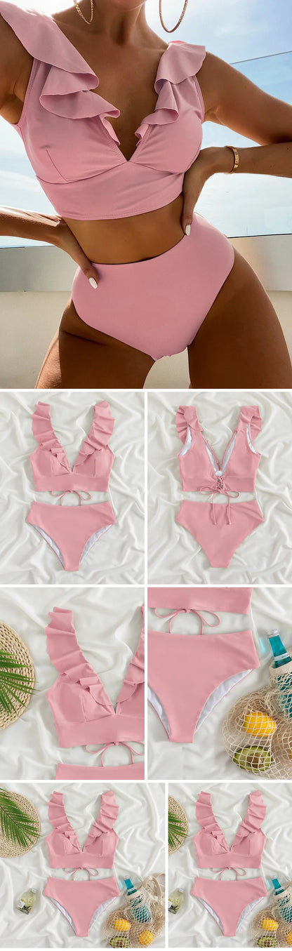 Solid Color Sexy V-neck Ruffle Bikini