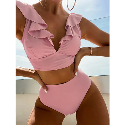 Solid Color Sexy V-neck Ruffle Bikini