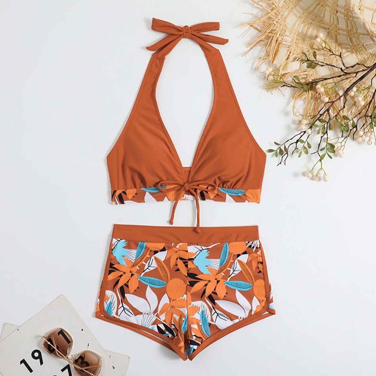 2 Pieces Plant Print Bikinis Set
