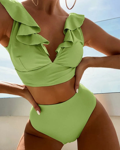 Solid Color Sexy V-neck Ruffle Bikini