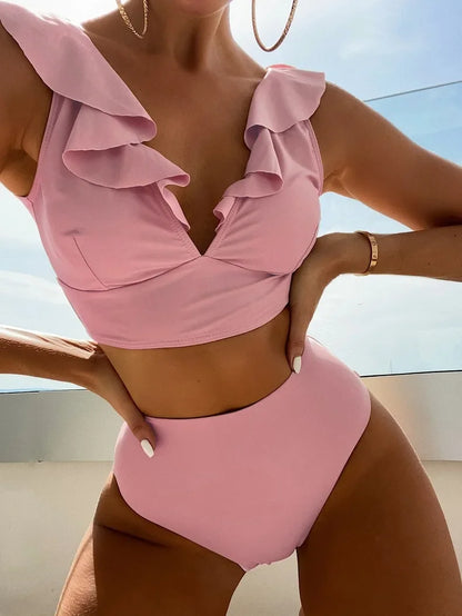 Solid Color Sexy V-neck Ruffle Bikini