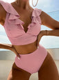 Solid Color Sexy V-neck Ruffle Bikini