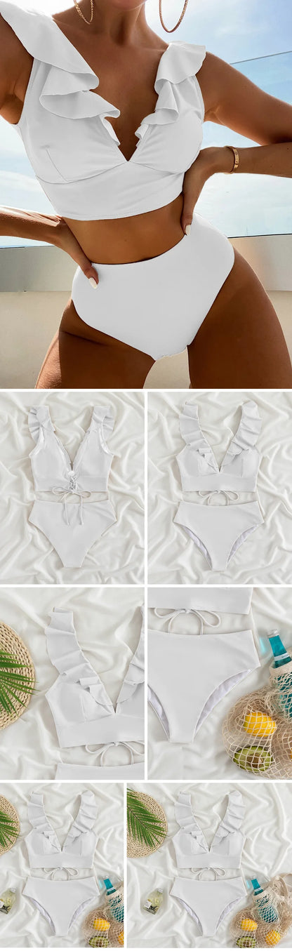 Solid Color Sexy V-neck Ruffle Bikini