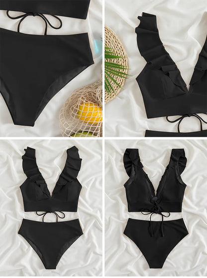 Solid Color Sexy V-neck Ruffle Bikini